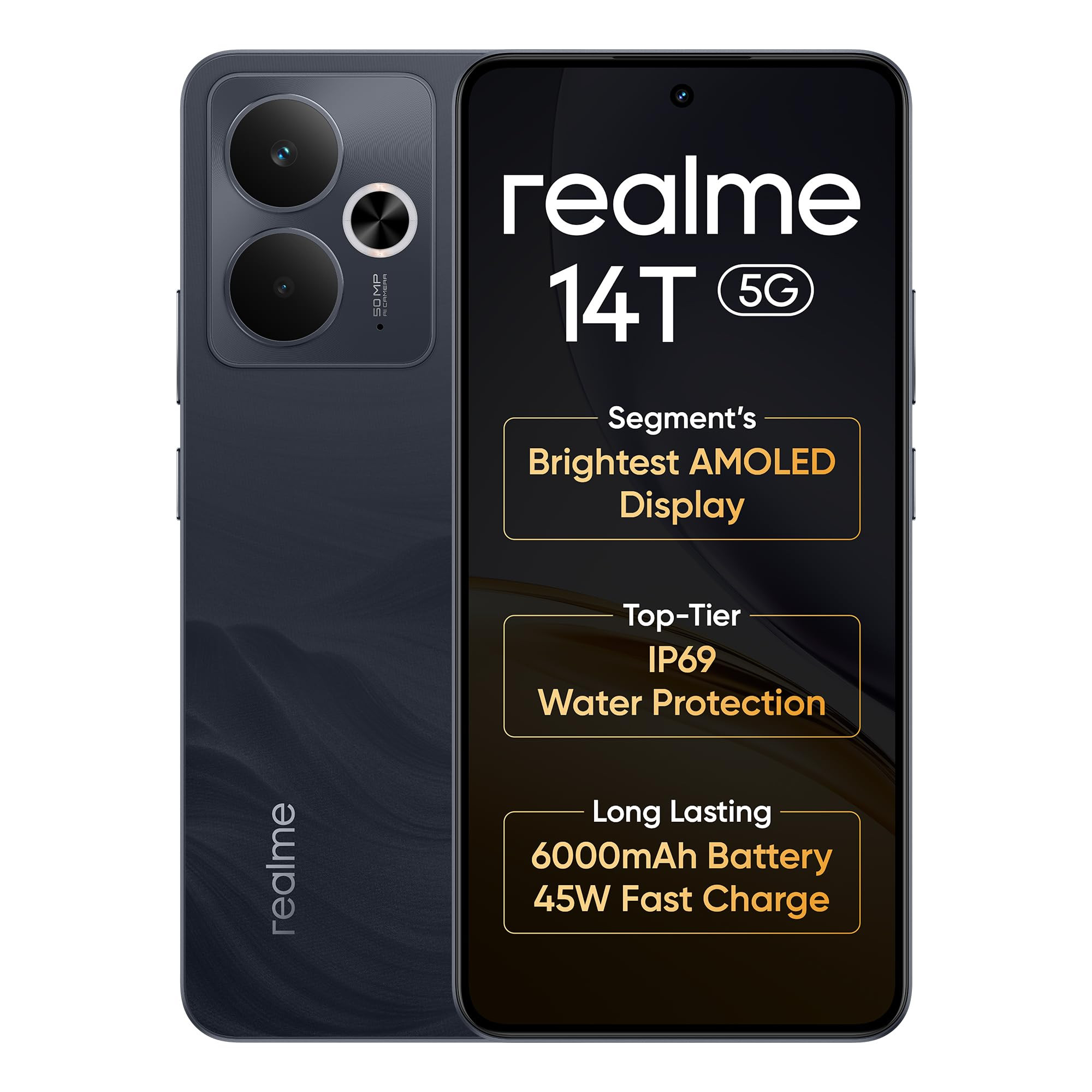 realme 14T 5G Smartphone 8256GB Obsidian Black 667-inch Screen 120Hz Display 6000mAh Battery 68MP Camera MediaTek Dimensity 6300 IP69