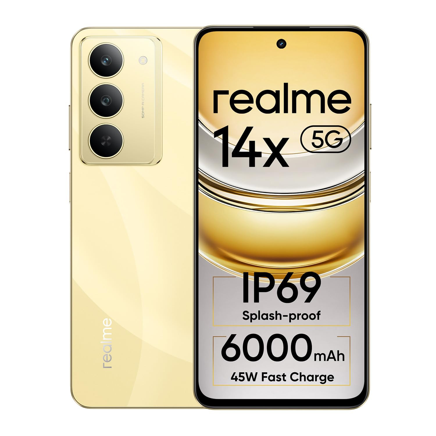 realme 14x 5G Smartphone 6128GB Golden Glow 667-inch Screen 120Hz Display 6000mAh Battery 80MP Camera MediaTek Dimensity 6300 ArmorShell Protection IP69