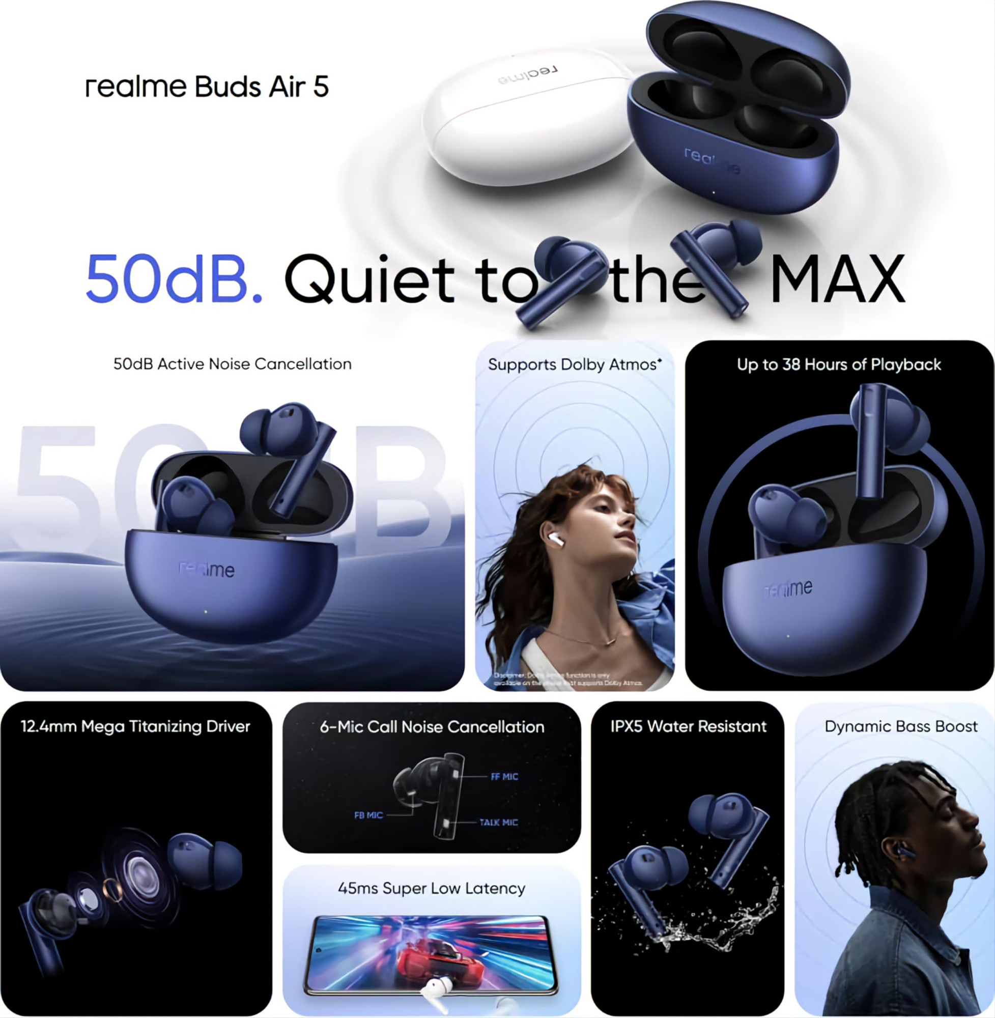realme Buds Air 5 Truly Wireless in Ear Earbuds with 50dB ANC 124mm Mega Titanized Dynamic Bass Driver Upto 38Hrs Battery with Fast Charging  45ms Ultra-Low Latency for Gaming Arctic White