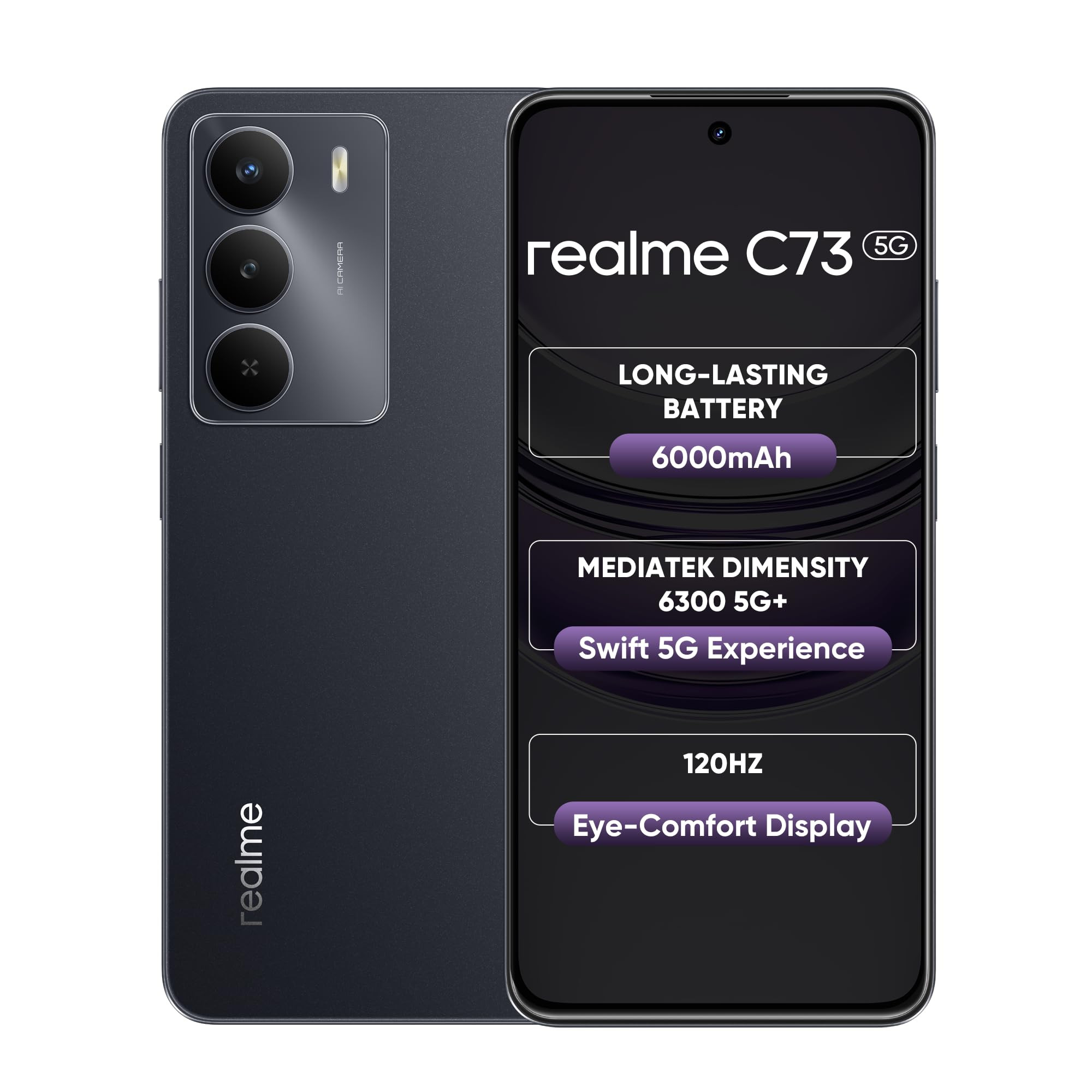 realme C73 5G Smartphone 4128GB Onyx Black 667-inch Screen 120Hz Display6000mAh Battery 40MP Camera MediaTek Dimensity 6300 Processor IP64