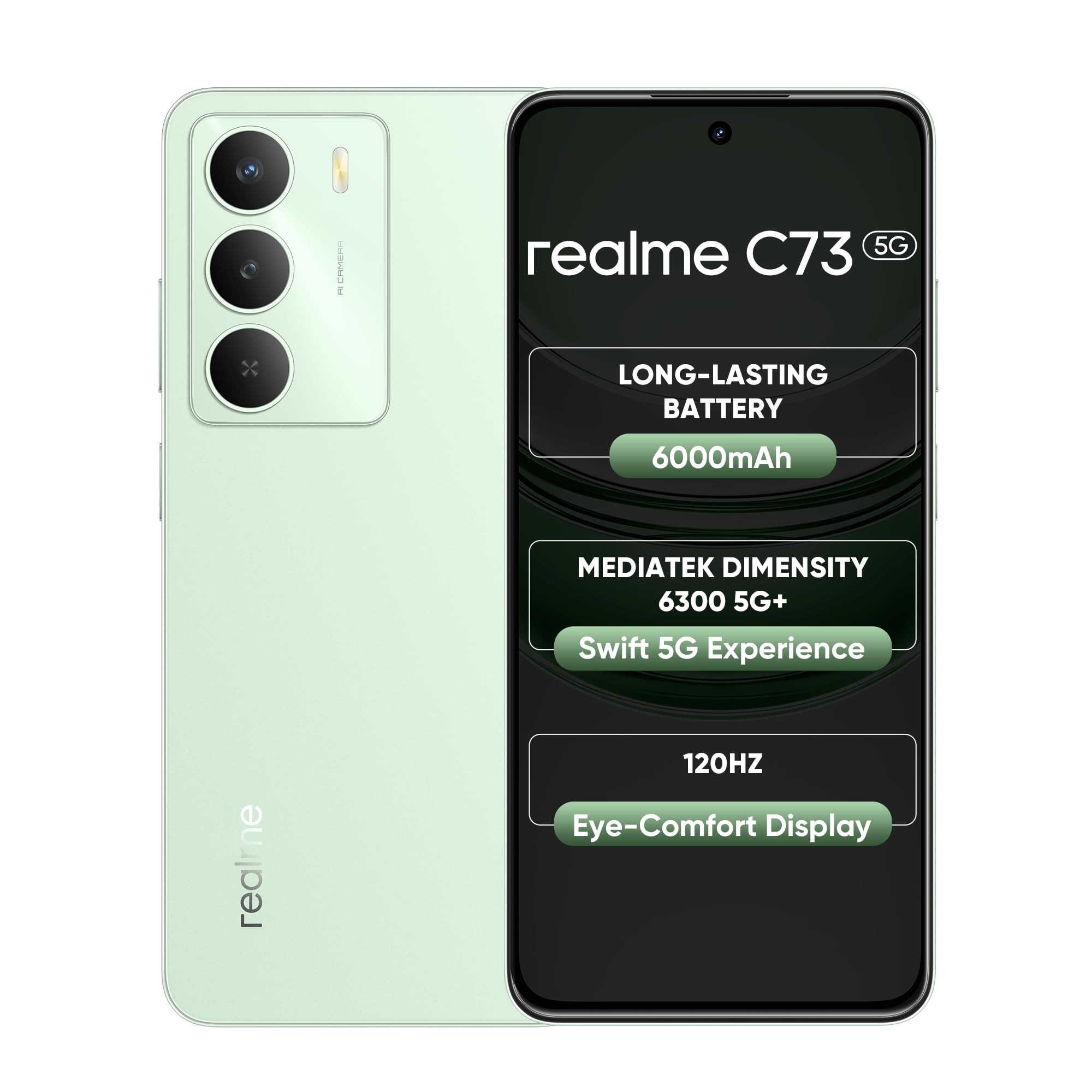 realme C73 5G Smartphone 464GB Jade Green 667-inch Screen 120Hz Display6000mAh Battery 40MP Camera MediaTek Dimensity 6300 Processor IP64