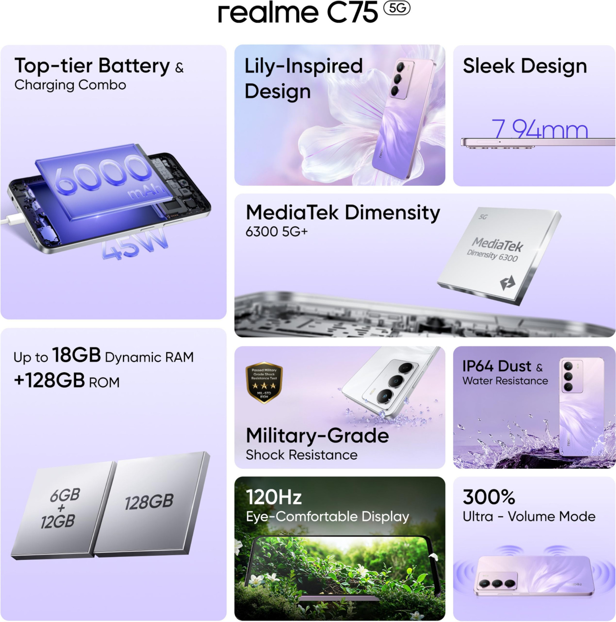 realme C75 Purple Blossom 4GB RAM 128GB Storage  6000mAh Battery  50MP AI Camera  672 FHD Display  Android 15