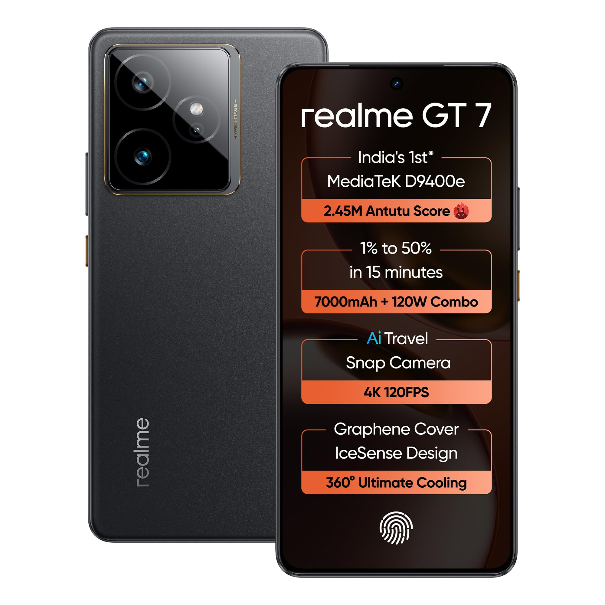 realme GT 7 IceSense Black12GB512GB Indias 1st MediaTek Dimensity 9400e Chipset  Strongest Battery Combo 7000mAh  120W  AI 4K 120FPS Travel Camera  360 Cooling IceSense Design with Graphene