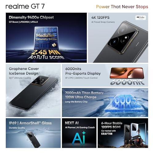 realme GT 7 IceSense Black12GB512GB Indias 1st MediaTek Dimensity 9400e Chipset  Strongest Battery Combo 7000mAh  120W  AI 4K 120FPS Travel Camera  360 Cooling IceSense Design with Graphene