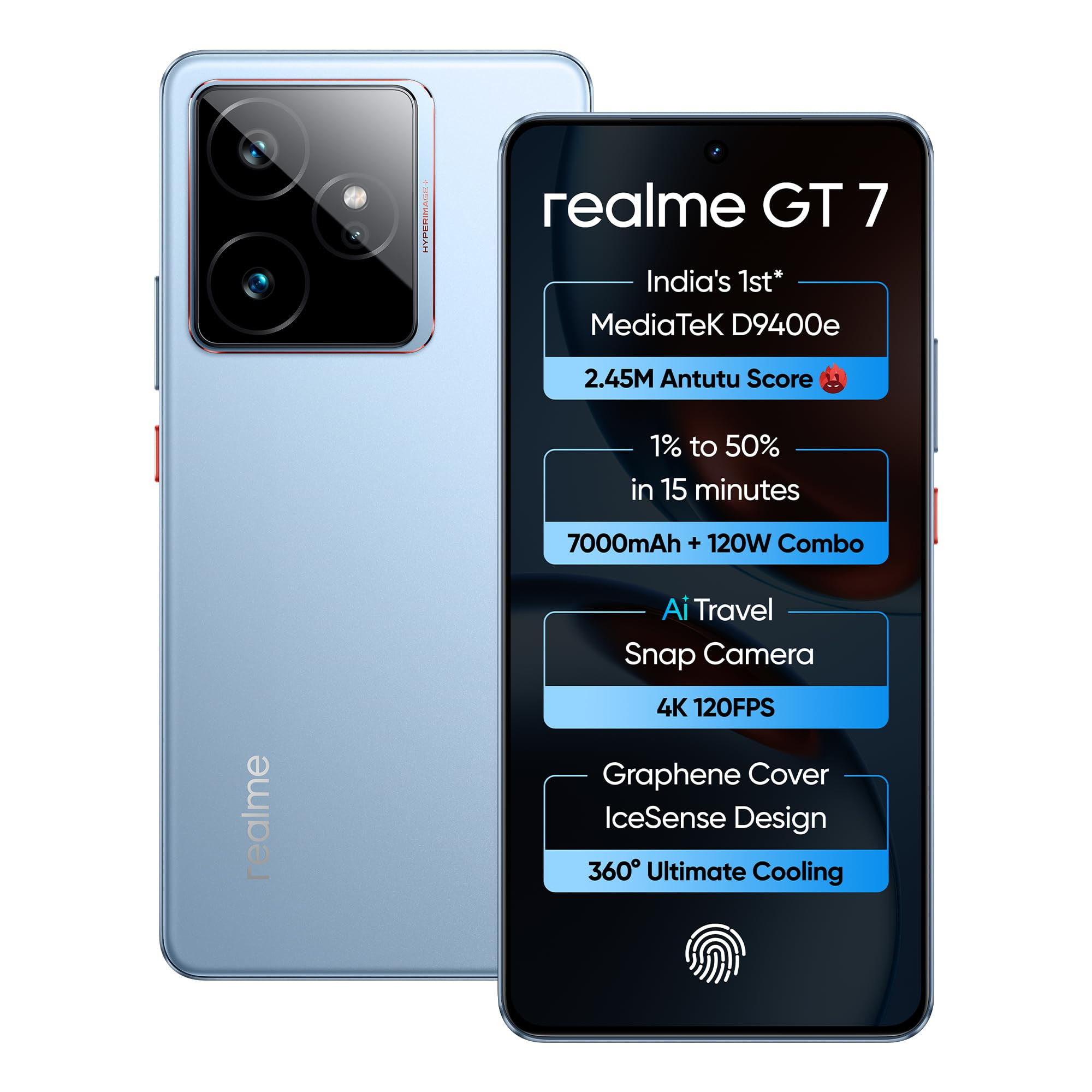 realme GT 7 IceSense Blue12GB512GB  Indias 1st MediaTek Dimensity 9400e Chipset  Strongest Battery Combo 7000mAh  120W  AI 4K 120FPS Travel Camera  360 Cooling IceSense Design with Graphene