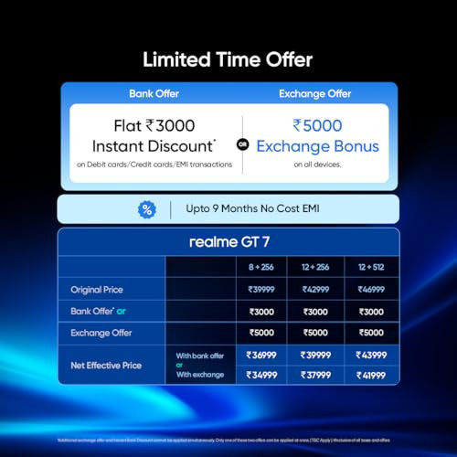 realme GT 7 IceSense Blue12GB512GB  Indias 1st MediaTek Dimensity 9400e Chipset  Strongest Battery Combo 7000mAh  120W  AI 4K 120FPS Travel Camera  360 Cooling IceSense Design with Graphene