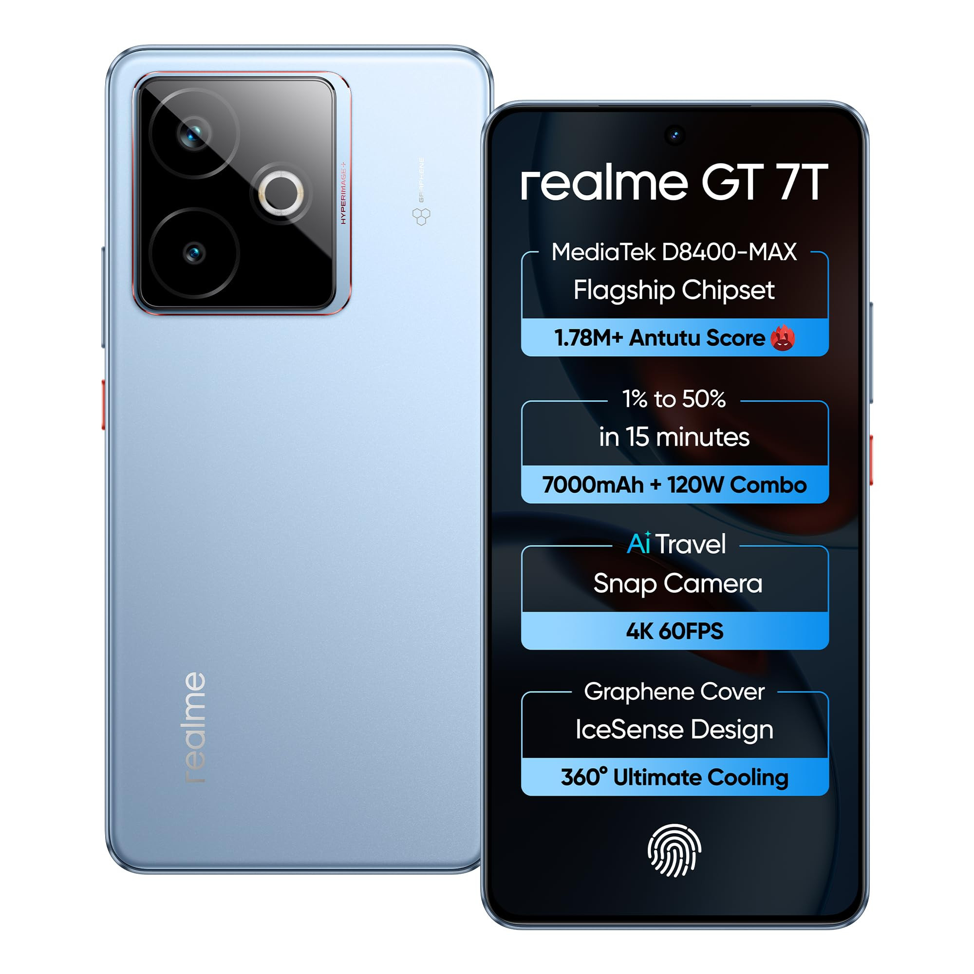 realme GT 7T IceSense Blue12GB512GB  MediaTek D8400 MAX  Strongest Battery Combo 7000mAh  120W  AI 4K 60FPS Travel Camera  360 Cooling IceSense Design with Graphene  6000 nits Display