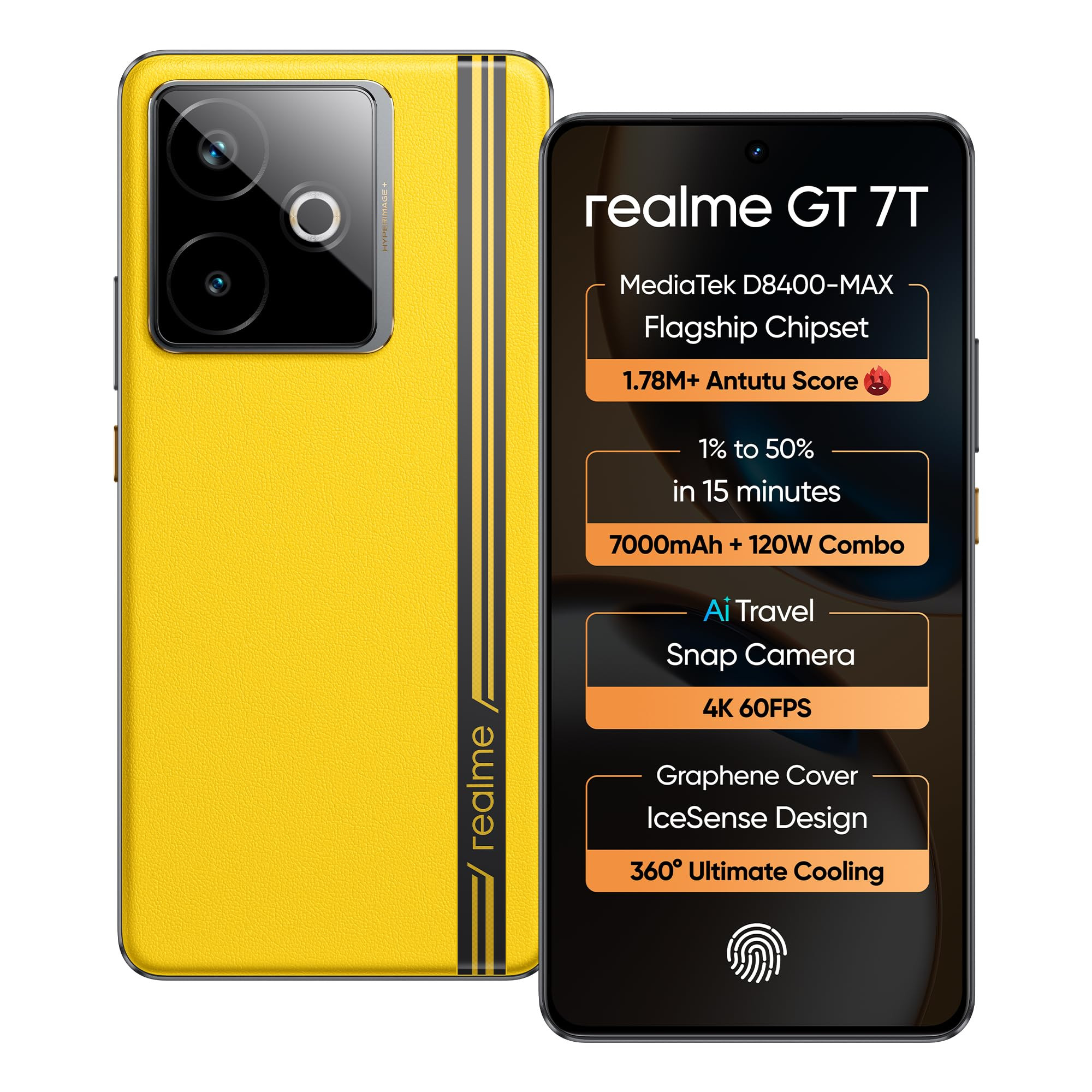 realme GT 7T Racing Yellow12GB256GB  MediaTek D8400 MAX  Strongest Battery Combo 7000mAh  120W  AI 4K 60FPS Travel Camera  360 Cooling IceSense Design with Graphene  6000 nits Display