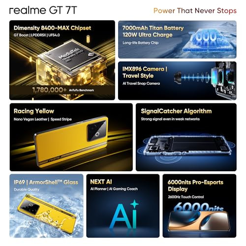 realme GT 7T Racing Yellow12GB256GB  MediaTek D8400 MAX  Strongest Battery Combo 7000mAh  120W  AI 4K 60FPS Travel Camera  360 Cooling IceSense Design with Graphene  6000 nits Display