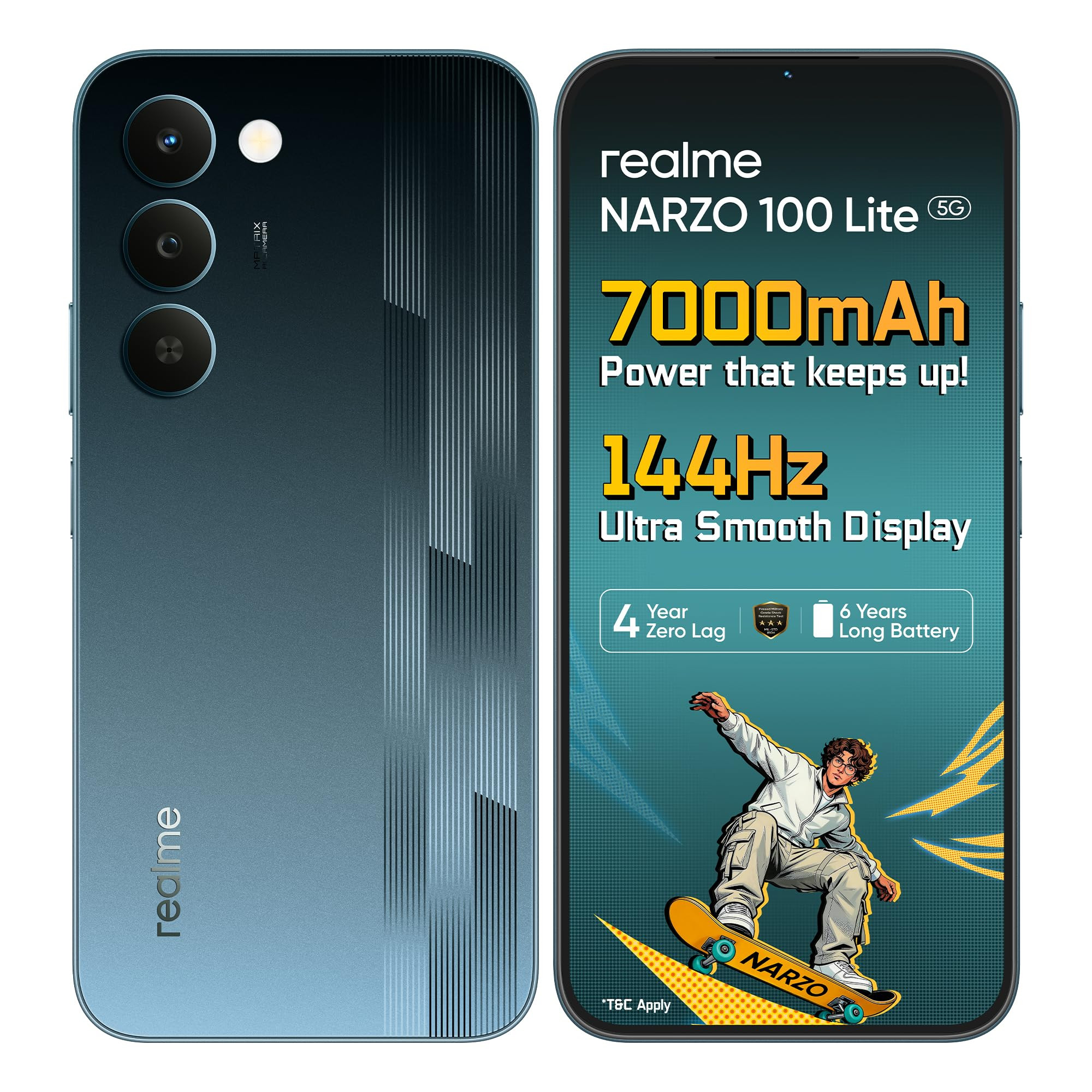 realme narzo 100 Lite 5G Thunder Black4GB128GB 7000mAh Titan Battery 4 Years Zero Lag 144 Hz Ultra Bright Display 6 nm Octa-core 5G Chipset Color Pop Design VC Cooling