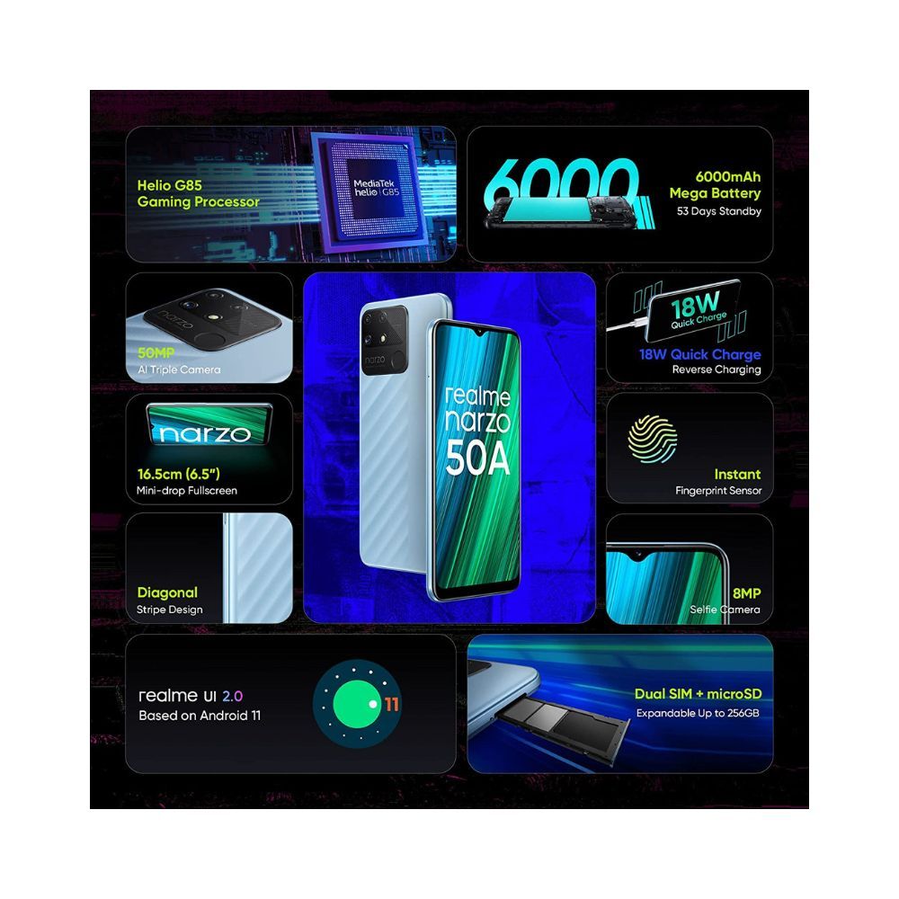 realme narzo 50A (Oxygen Blue , 4GB RAM + 64 GB Storage) Helio G85 Processor | 6000 mAh Battery