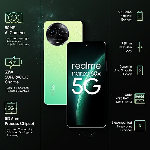 realme narzo 60X 5G Stellar Green 4GB 128GB Storage Up to 2TB External Memory  50 MP AI Primary Camera  Segments only 33W Supervooc Charge