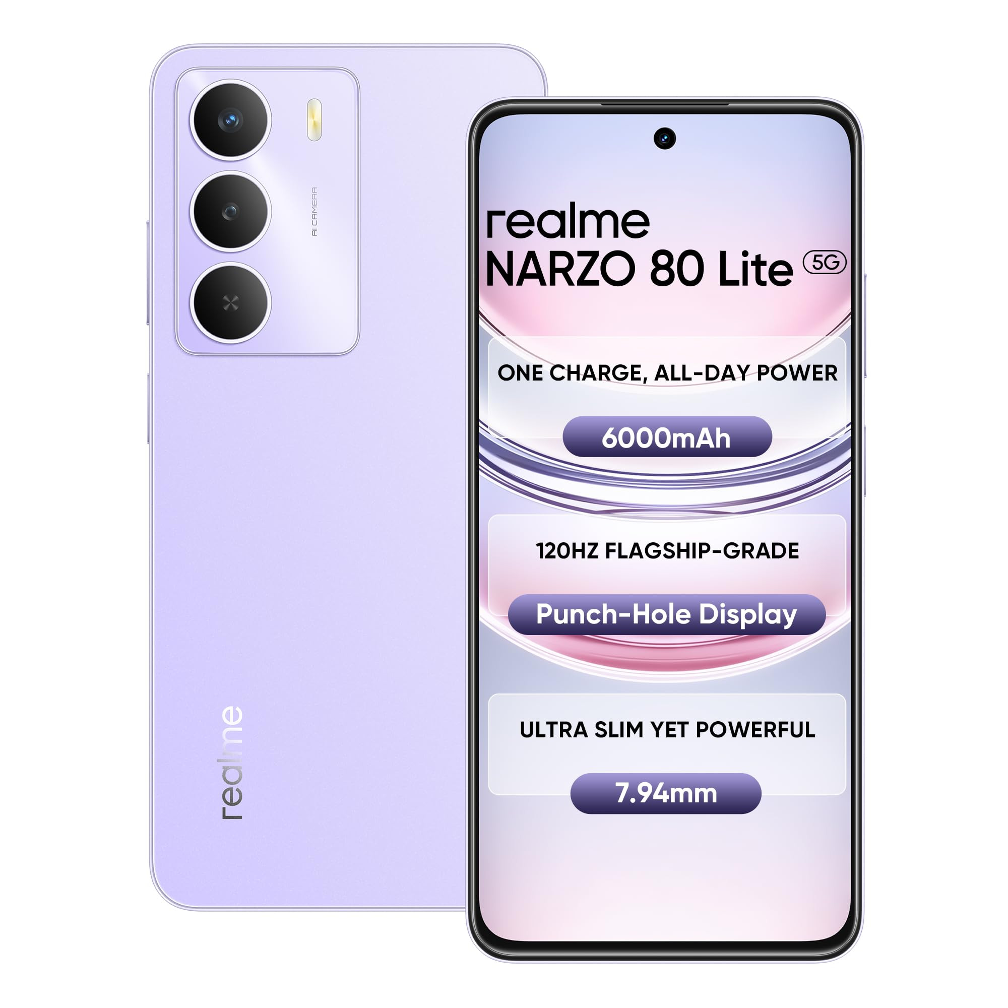 realme NARZO 80 Lite 5G Crystal Purple 6GB128GB  6000mAh Long-Lasting Battery  MediaTek Dimensity 6300 5G  AI Assist  IP64 Rated Water  Dust Resistance  Military-Grade Durability