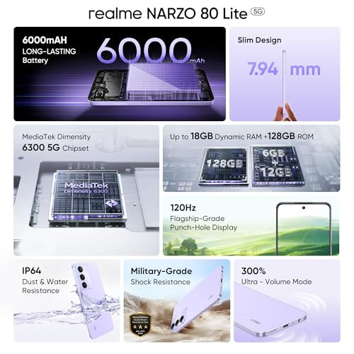 realme NARZO 80 Lite 5G Crystal Purple 6GB128GB  6000mAh Long-Lasting Battery  MediaTek Dimensity 6300 5G  AI Assist  IP64 Rated Water  Dust Resistance  Military-Grade Durability