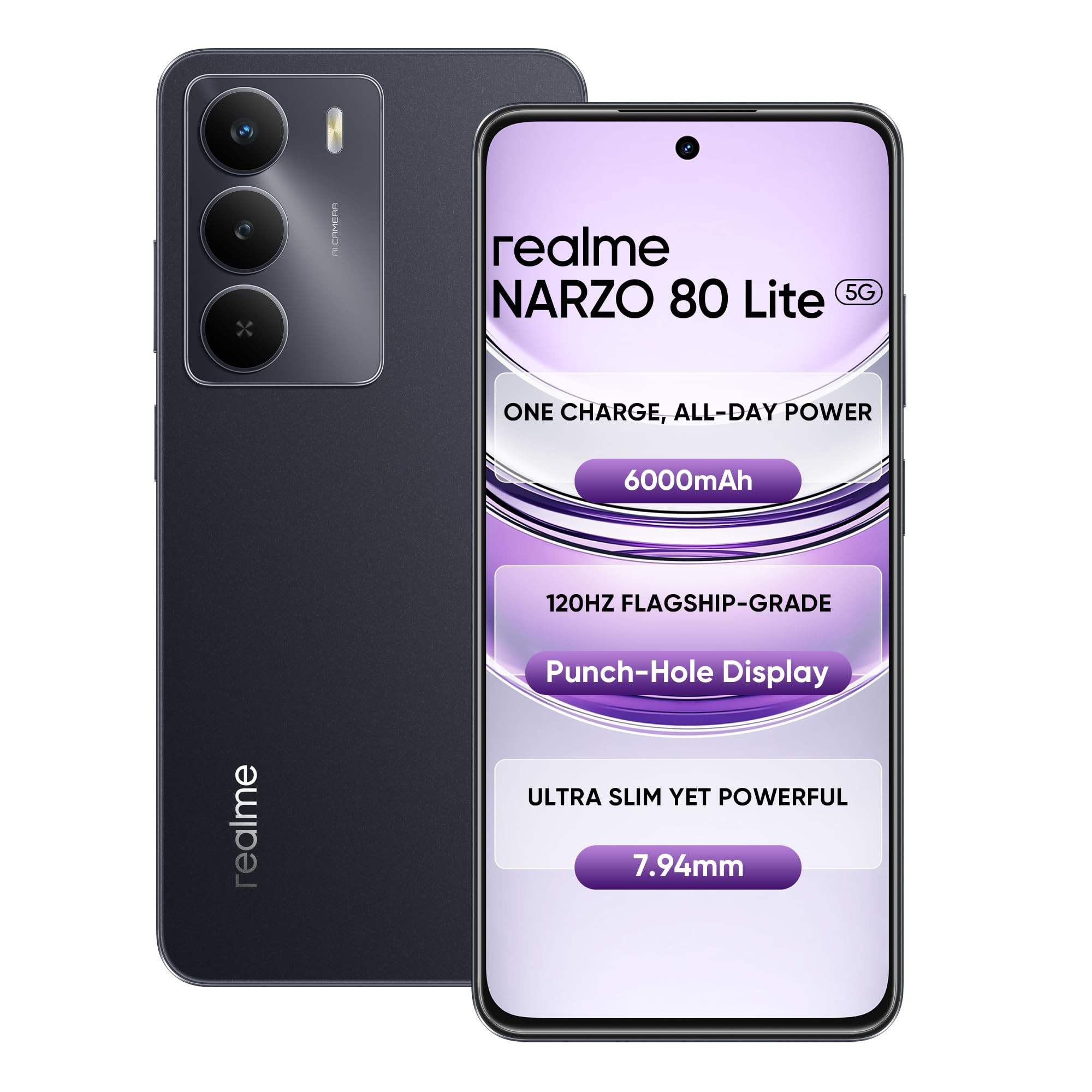 realme NARZO 80 Lite 5G Onyx Black 4GB128GB  6000mAh Long-Lasting Battery  MediaTek Dimensity 6300 5G  AI Assist  IP64 Rated Water  Dust Resistance  Military-Grade Durability