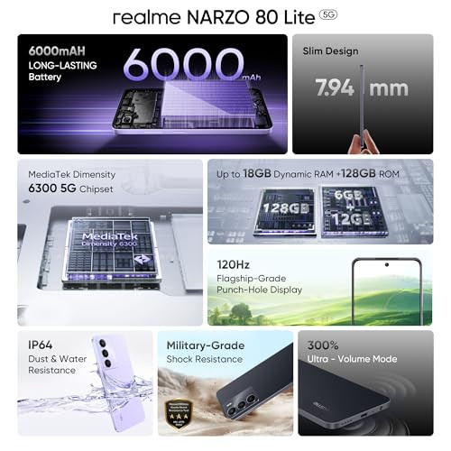 realme NARZO 80 Lite 5G Onyx Black 6GB128GB  6000mAh Long-Lasting Battery  MediaTek Dimensity 6300 5G  AI Assist  IP64 Rated Water  Dust Resistance  Military-Grade Durability