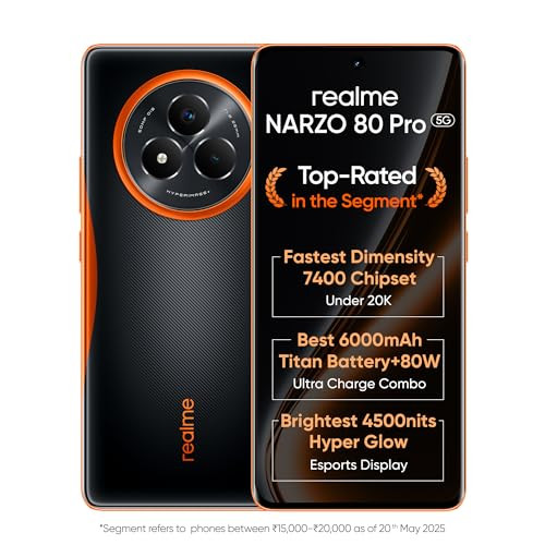 realme NARZO 80 Pro 5G Nitro Orange8GB256GB  Segments 1st MediaTek Dimensity 7400 Chipset  6000mAh Titan Battery  80W Ultra Charge  4500nits HyperGlow Esports Display  IP69 Waterproof