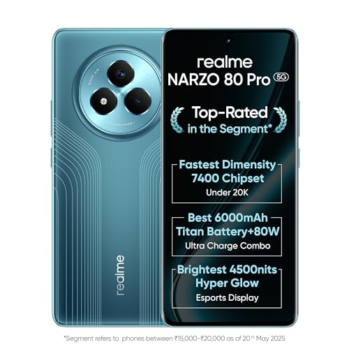 realme NARZO 80 Pro 5G Racing Green8GB128GB  Segments 1st MediaTek Dimensity 7400 Chipset  6000mAh Titan Battery  80W Ultra Charge  4500nits HyperGlow Esports Display  IP69 Waterproof