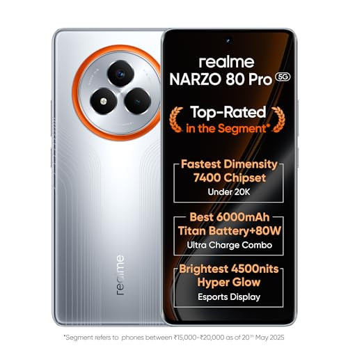 realme NARZO 80 Pro 5G Speed Silver8GB128GB  Segments 1st MediaTek Dimensity 7400 Chipset  6000mAh Titan Battery  80W Ultra Charge  4500nits HyperGlow Esports Display  IP69 Waterproof