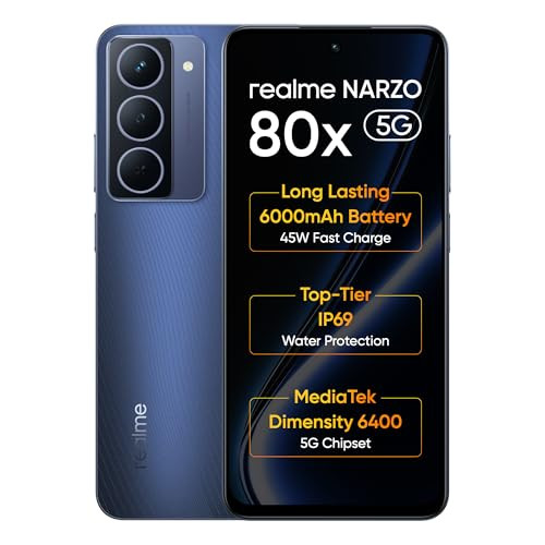 realme NARZO 80x 5G Deep Ocean6GB128GB  Dimensity 6400 5G Chipset  6000mAh Long-Lasting Battery  45W Fast Charge  120Hz Eye Comfort Display  IP69 Top-Tier Waterproof