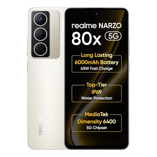 realme NARZO 80x 5G Sunlit Gold8GB128GB   Dimensity 6400 5G Chipset  6000mAh Long-Lasting Battery  45W Fast Charge  120Hz Eye Comfort Display  IP69 Top-Tier Waterproof