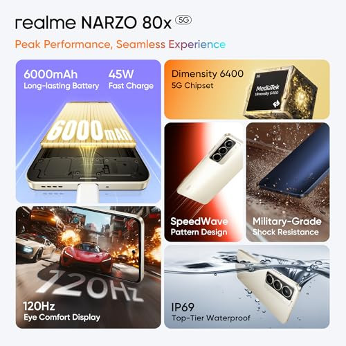 realme NARZO 80x 5G Sunlit Gold8GB128GB   Dimensity 6400 5G Chipset  6000mAh Long-Lasting Battery  45W Fast Charge  120Hz Eye Comfort Display  IP69 Top-Tier Waterproof
