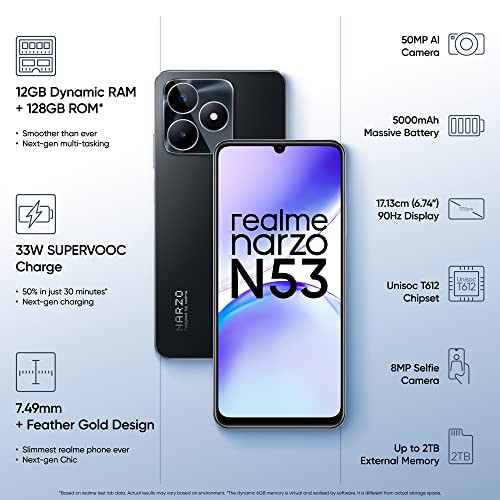 realme narzo N53 Feather Black 4GB64GB 33W Segment Fastest Charging  Slim Smartphone  90 Hz Smooth Display