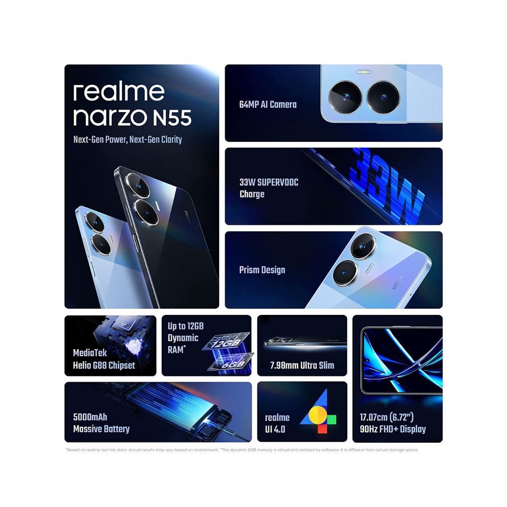 realme narzo N55 (Prime Blue, 4GB+64GB) 33W Segment Fastest Charging | Super High-res 64MP Primary AI Camera