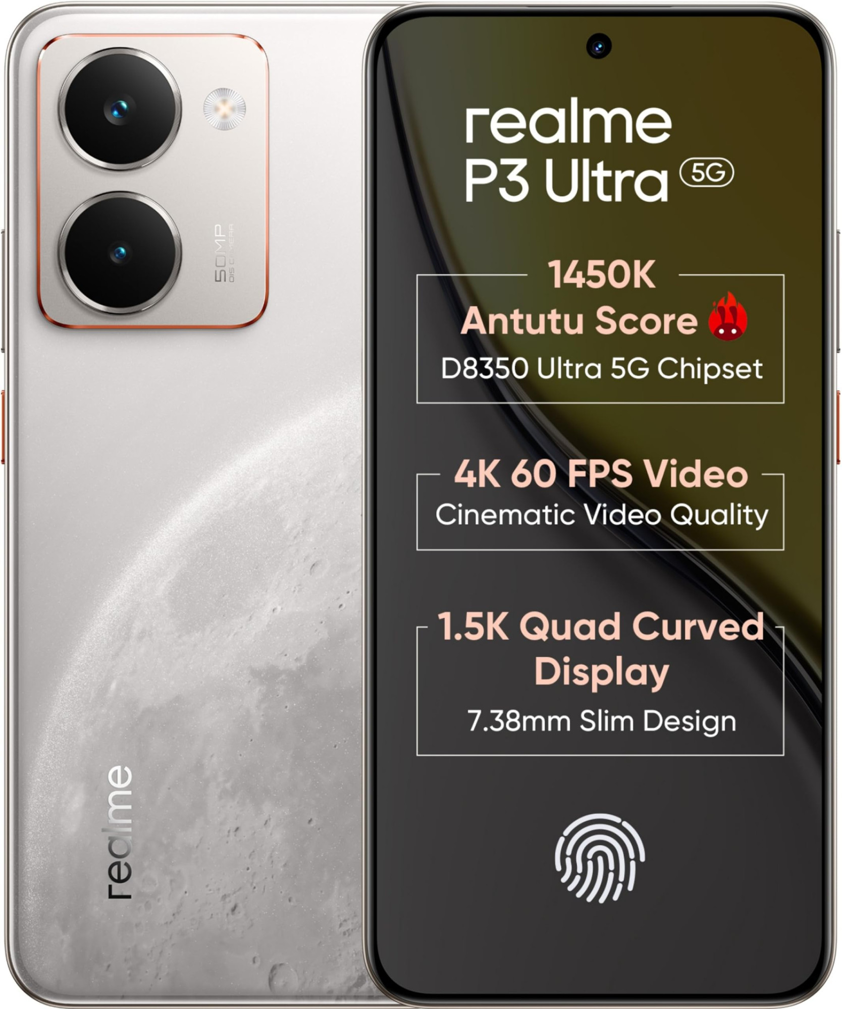 realme P3 Ultra 5G Glowing Lunar White 8GB RAM 128GB Storage  Dimensity 8350 Ultra  50MP8MP Cam  16MP Front  683 120Hz AMOLED  6000mAh Battery  80W Fast Charging  Upto 16GB RAM Expansion