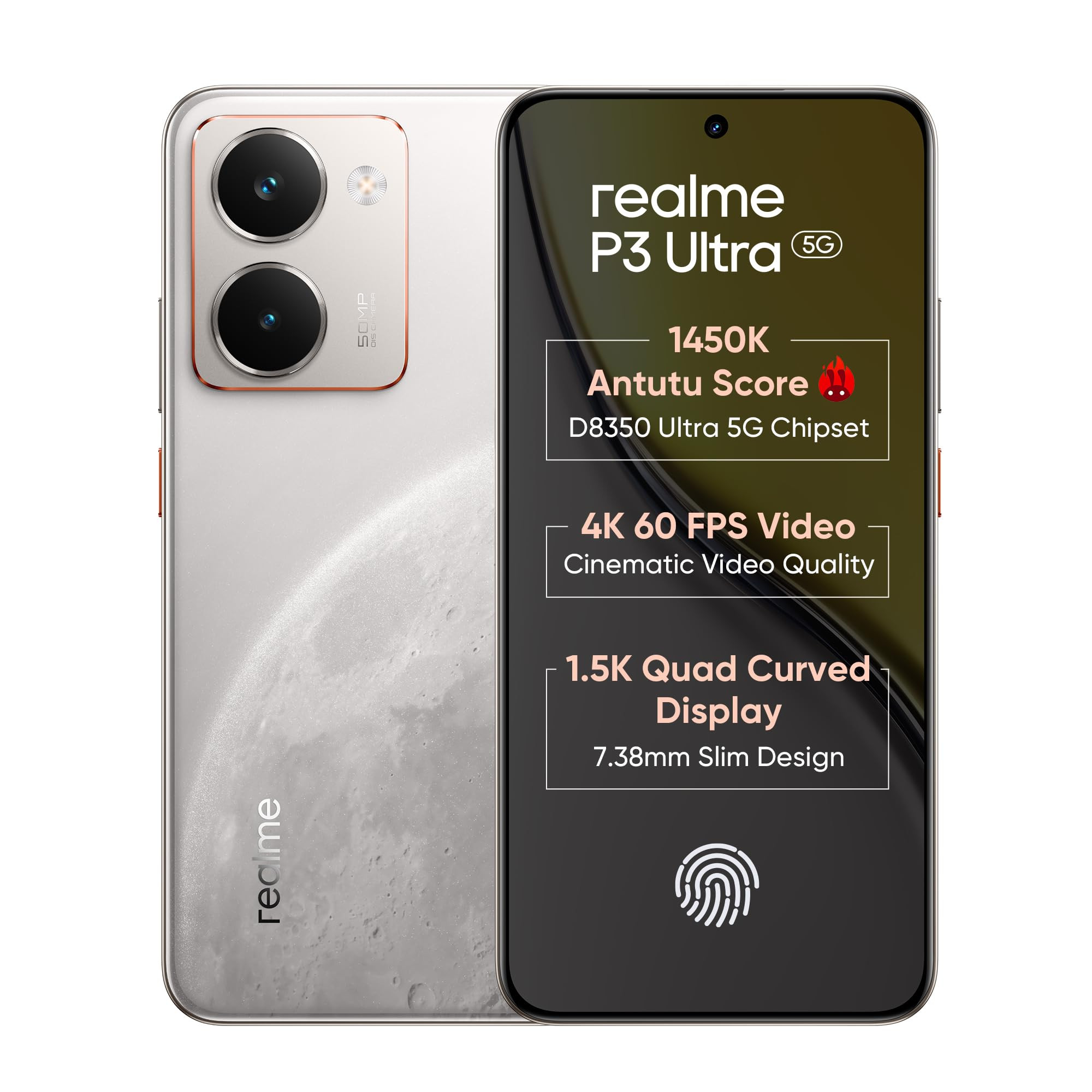 realme P3 Ultra 5G Smartphone 8256 White683-inch Screen20Hz Display6000mAh Battery80W Ultra Charge58MP CameraMediaTek Dimensity 8350 UltraIP69