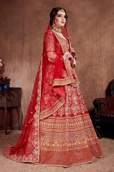 Red Embroidered Art Silk Bridal Lehenga Choli with Two Dupattas
Semi Stitched