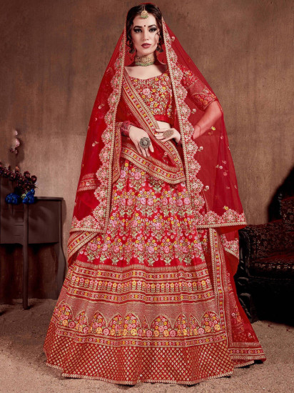 Red Embroidered Art Silk Bridal Lehenga Choli with Two Dupattas
Semi Stitched
