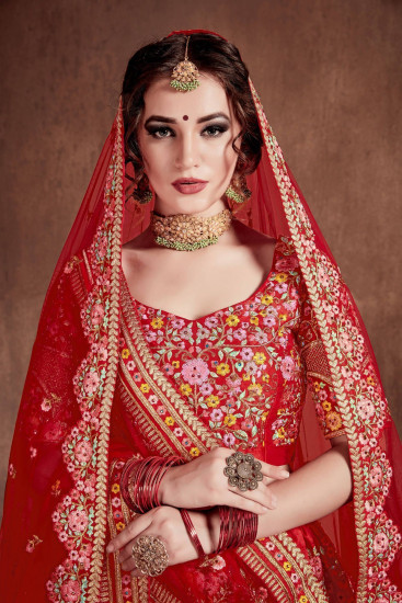 Red Embroidered Art Silk Bridal Lehenga Choli with Two Dupattas
Semi Stitched