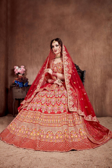 Red Embroidered Art Silk Bridal Lehenga Choli with Two Dupattas
Semi Stitched