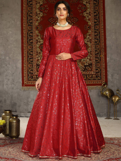 Red Metalic Foil Taffeta Party Wear Gown