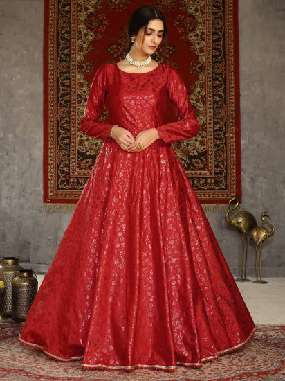 Red Metalic Foil Taffeta Party Wear Gown