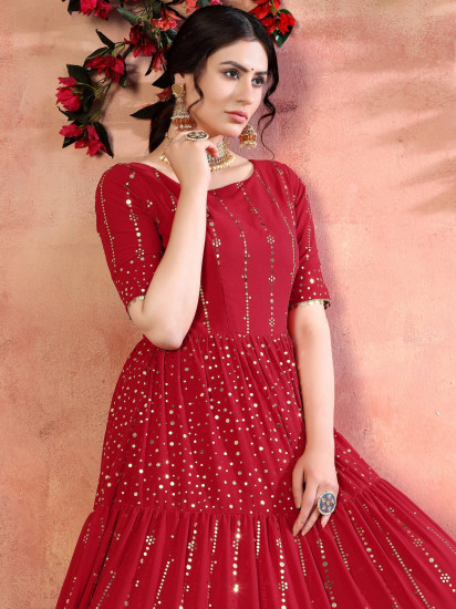 Red Sequins Georgette Party Wear Anarkali Gown