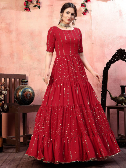 Red Sequins Georgette Party Wear Anarkali Gown