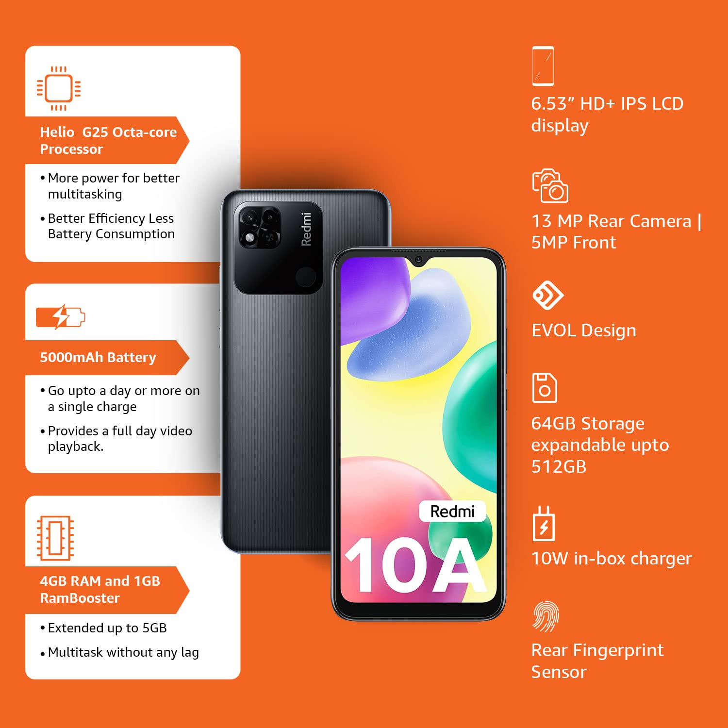 Redmi 10A Charcoal Black 3GB RAM 32GB Storage  2 Ghz Octa Core Helio G25  5000 mAh Battery  Finger Print Sensor  Upto 5GB RAM with RAM Booster