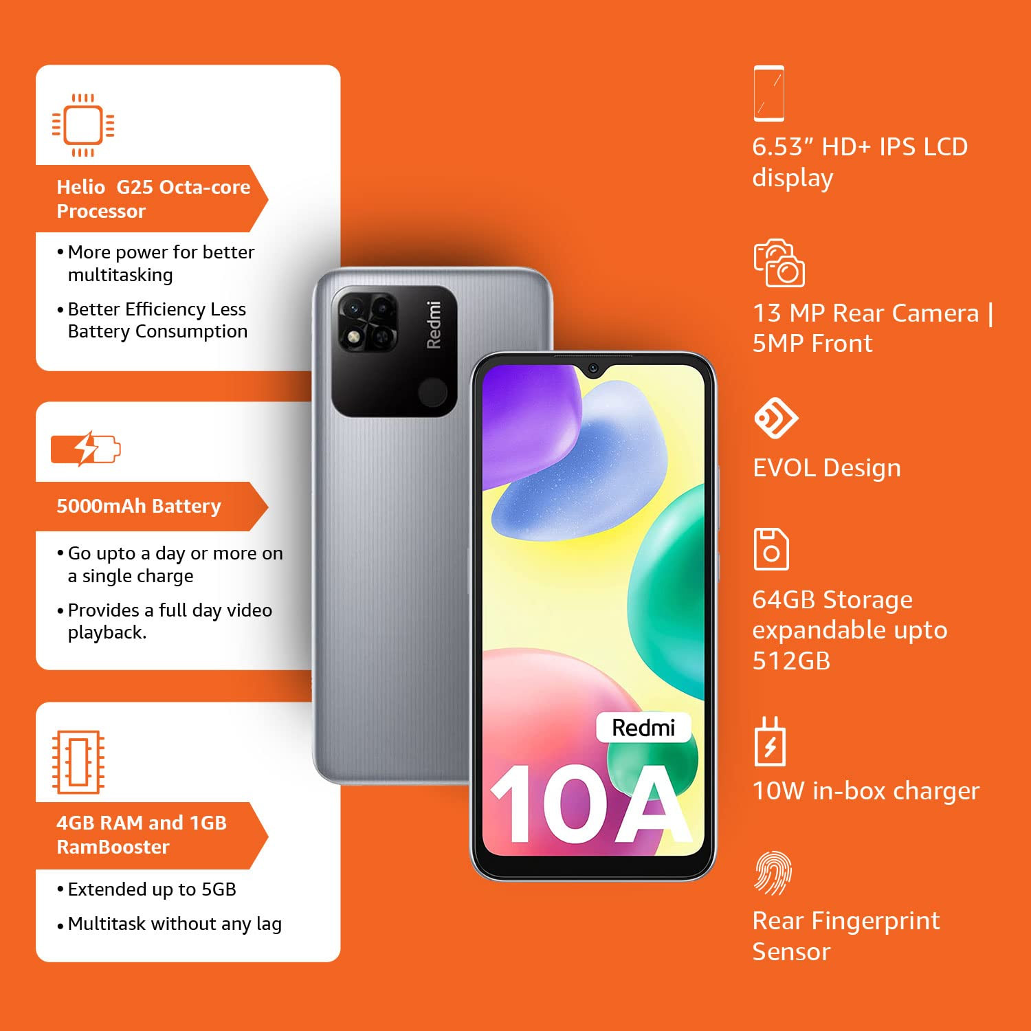 Redmi 10A Slate Grey 3GB RAM 32GB Storage  2 Ghz Octa Core Helio G25  5000 mAh Battery  Finger Print Sensor  Upto 5GB RAM with RAM Booster