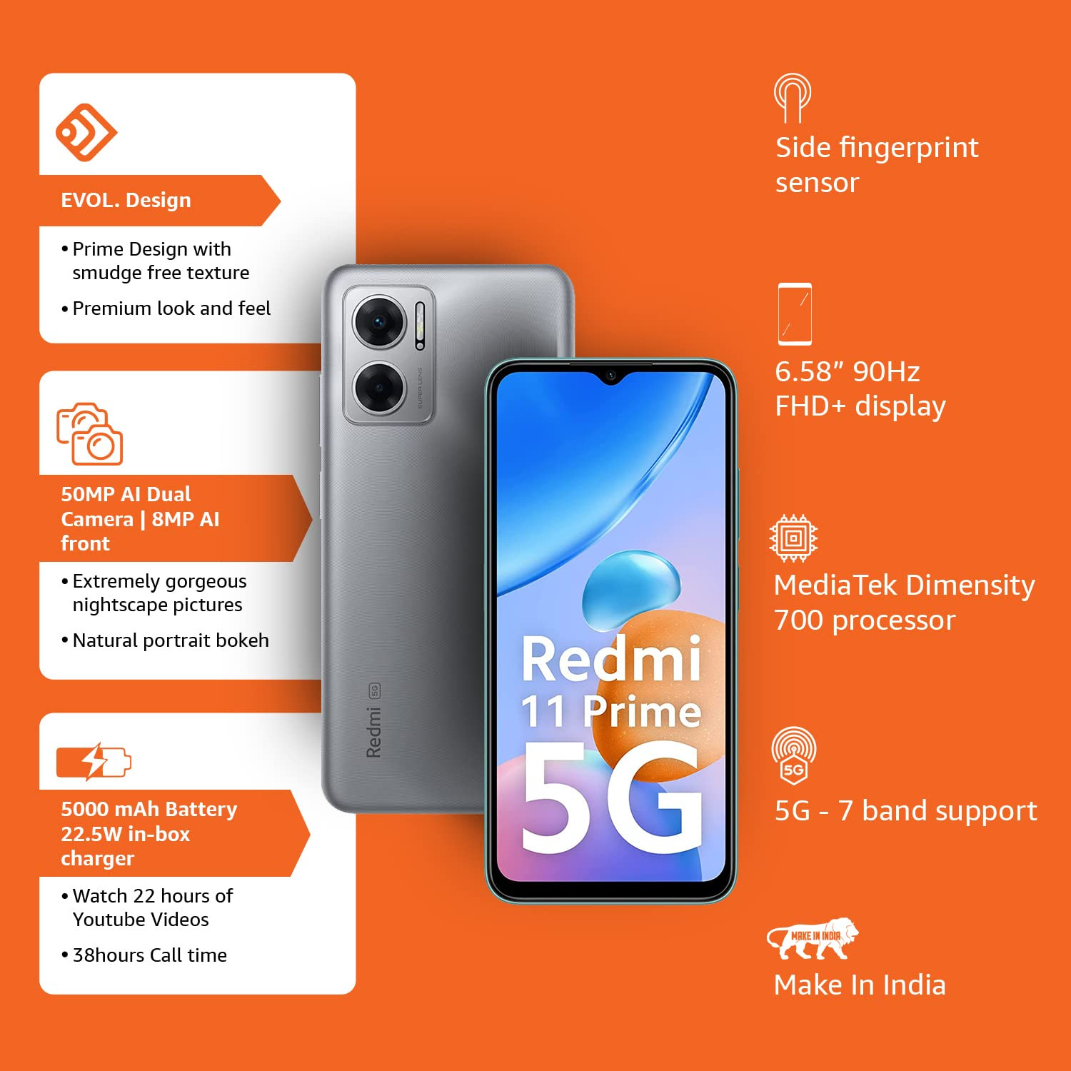 Redmi 11 Prime 5G Chrome Silver 4GB RAM 64GB ROM  Prime Design  MTK Dimensity 700  50 MP Dual Cam  5000mAh  7 Band 5G