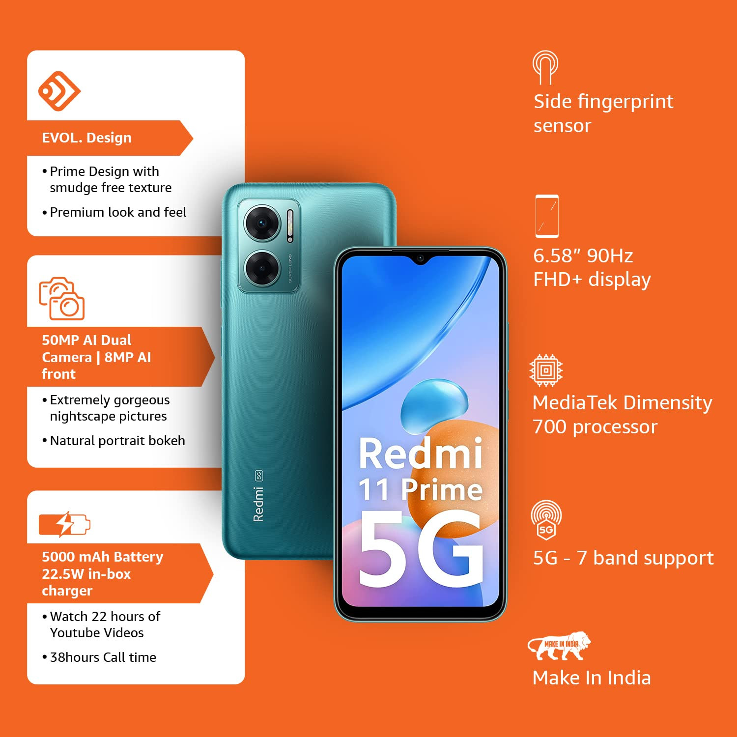 Redmi 11 Prime 5G Meadow Green 4GB RAM 64GB ROM  Prime Design  MTK Dimensity 700  50 MP Dual Cam  5000mAh  7 Band 5G