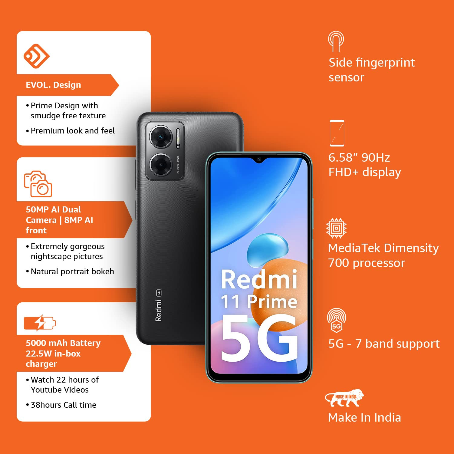 Redmi 11 Prime 5G Thunder Black 4GB RAM 64GB Storage  Prime Design  MTK Dimensity 700  50 MP Dual Cam  5000mAh  7 Band 5G