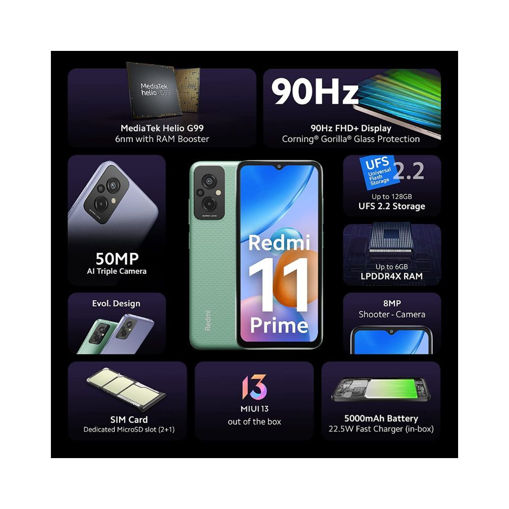 Redmi 11 Prime (Playful Green, 6BG RAM 128GB ROM) | Prime Design | High Performance Helio G99