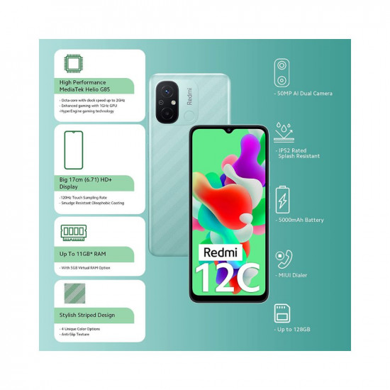 Redmi 12C (mint green, 4GB RAM, 64GB Storage)