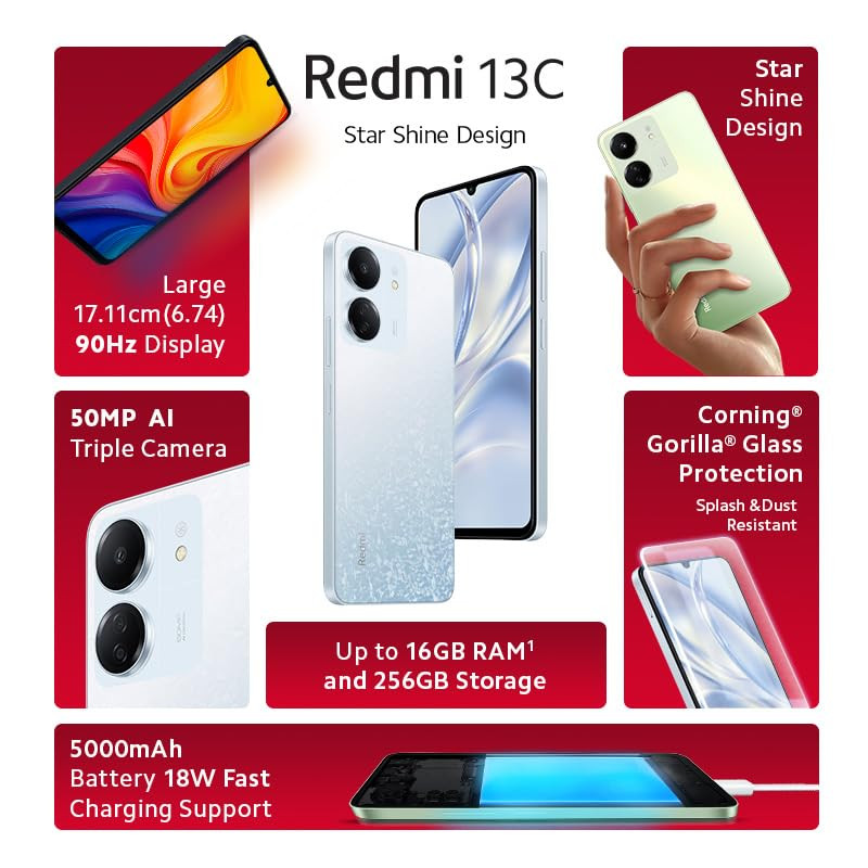 Redmi 13C Starfrost White 6GB RAM 128GB Storage  Powered by 4G MediaTek Helio G85  90Hz Display  50MP AI Triple Camera