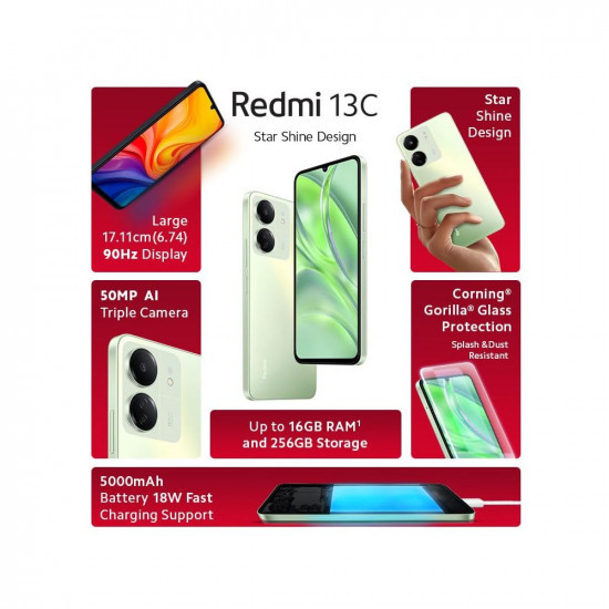 Redmi 13C (Starshine Green, 6GB RAM, 128GB Storage) | Powered by 4G MediaTek Helio G85 | 90Hz Display | 50MP AI Triple Camera