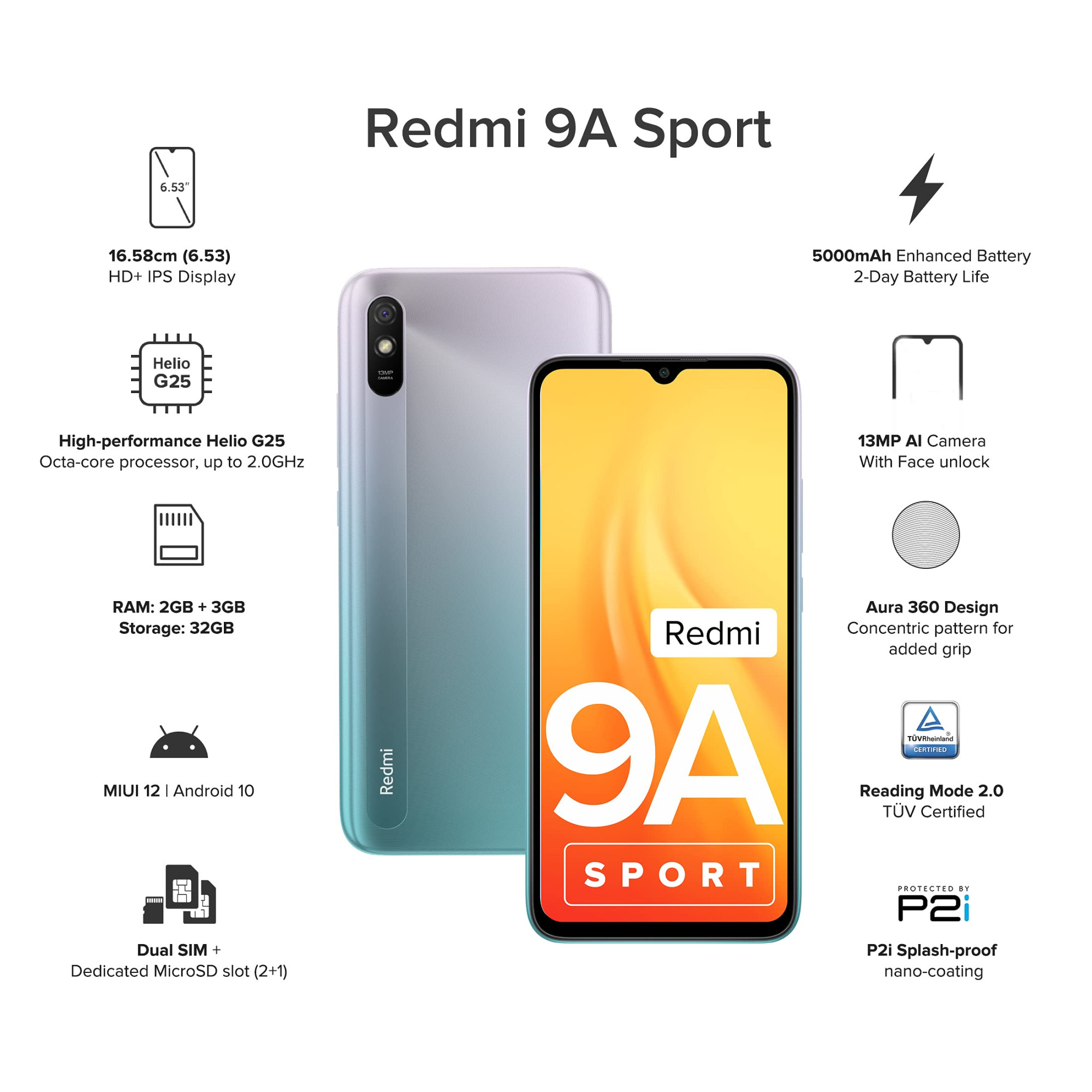Redmi 9A Sport Metallic Blue 2GB RAM 32GB Storage  2GHz Octa-core Helio G25 Processor  5000 mAh Battery