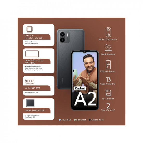 Redmi A2 (Classic Black, 4GB RAM, 64GB Storage) | Powerful Octa Core G36 Processor | Upto 7GB RAM