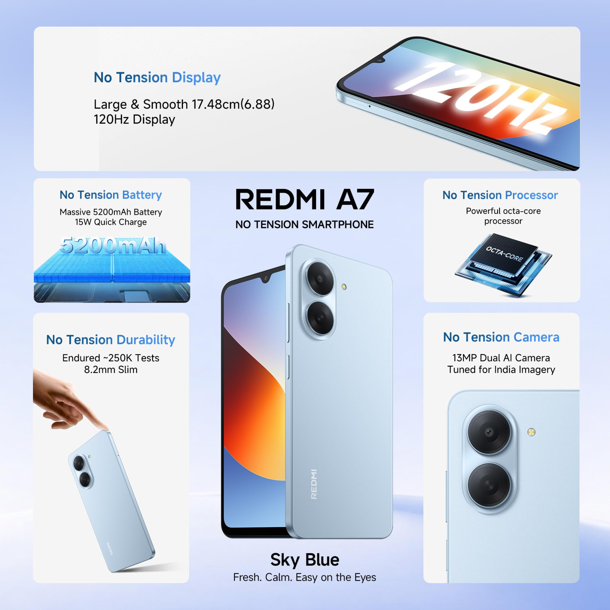 REDMI A7 4G Sky Blue 3 GB RAM 64GB Storage Large 1748cm 688 Smooth 120Hz Display 5200mAh 2-Day Battery Royale Design Charger in the Box
